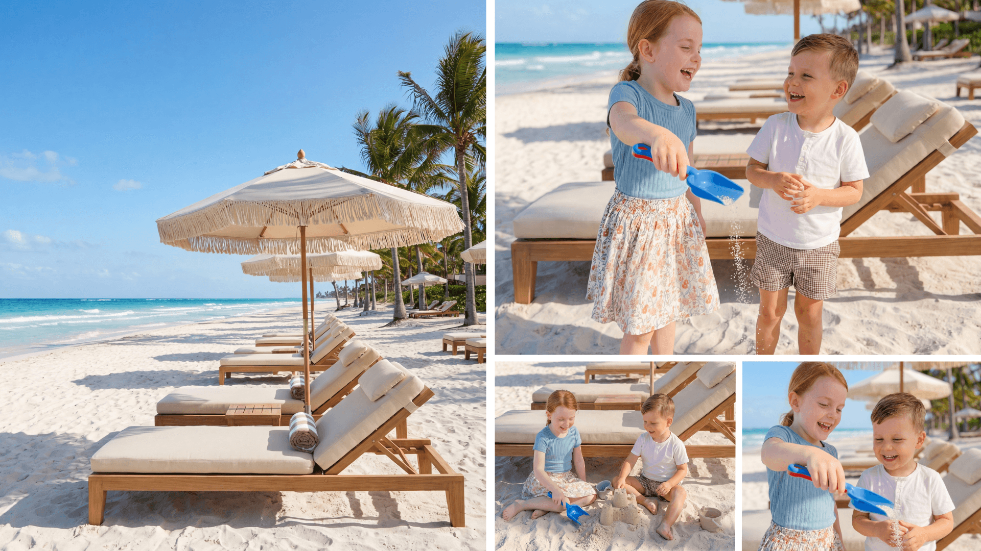 Tulum beach resort — empty loungers and with AI-cast children playing